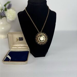 Vintage Coro Gold Sunburst Pendant Watch Brooch with Rope Chain